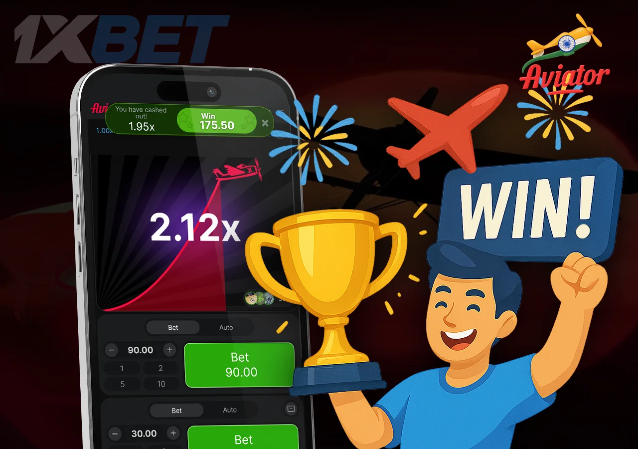 A joyful man with Win sign and Aviator game page